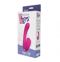Розовый вибромассажер SUGAR PUFF с вакуумной стимуляцией - 16 см.