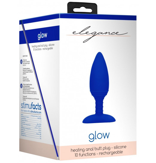 Синяя анальная пробка Glow с вибрацией и подогревом - 12 см.