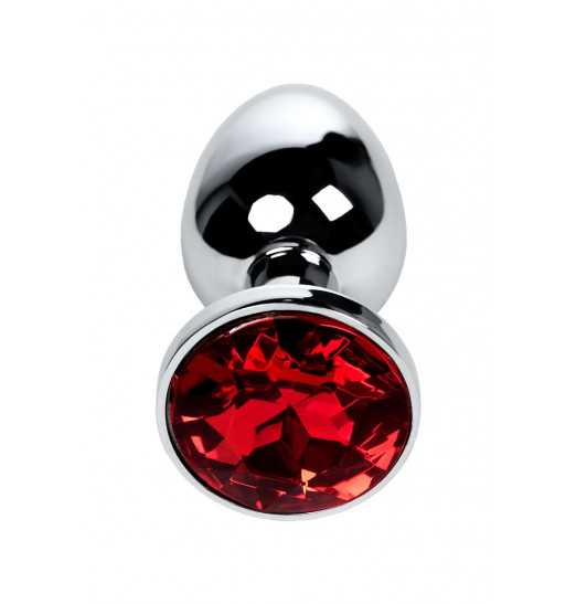 Большая серебристая коническая анальная пробка с красным кристаллом - 7,2 см.