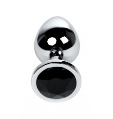 Большая серебристая коническая анальная пробка с черным кристаллом - 8,1 см.