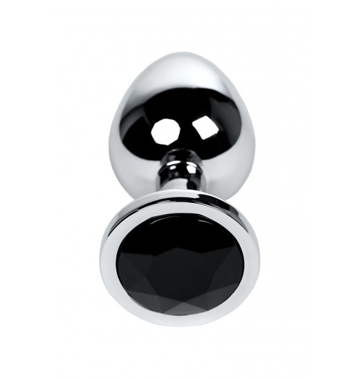 Большая серебристая коническая анальная пробка с черным кристаллом - 8,1 см.