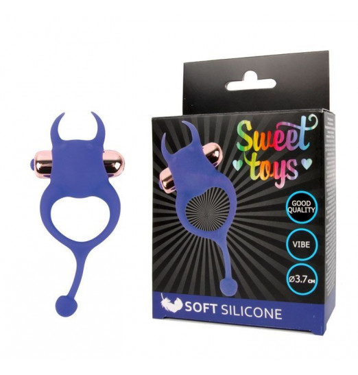 Синее эрекционное виброкольцо с рожками и хвостиком