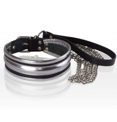 Серебристо-черный ошейник с поводком