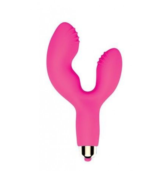 Розовый силиконовый вибромассажер с клиторальным стимулятором