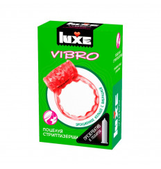 Розовое эрекционное виброкольцо Luxe VIBRO  Поцелуй стриптизёрши  + презерватив