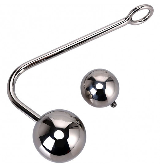 Серебристый анальный крюк со сменными накручивающимися шариками на конце - 14 см.