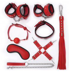 Пикантный красно-черный набор БДСМ: маска, ошейник, кляп, фиксатор, наручники, оковы, плеть