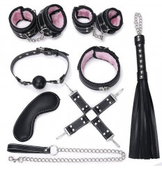 Пикантный черно-розовый набор БДСМ: маска, ошейник, кляп, фиксатор, наручники, оковы, плеть