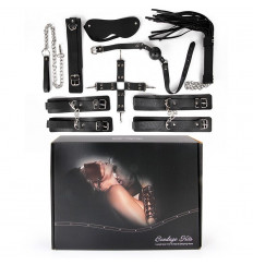 Большой черный набор БДСМ: наручники, оковы, ошейник с поводком, кляп, маска, плеть, фиксатор