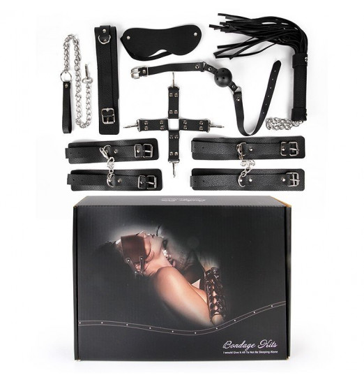 Большой черный набор БДСМ: наручники, оковы, ошейник с поводком, кляп, маска, плеть, фиксатор
