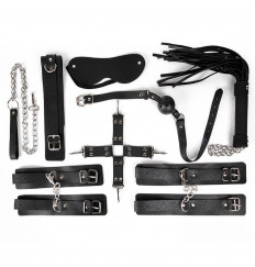 Большой черный набор БДСМ: наручники, оковы, ошейник с поводком, кляп, маска, плеть, фиксатор