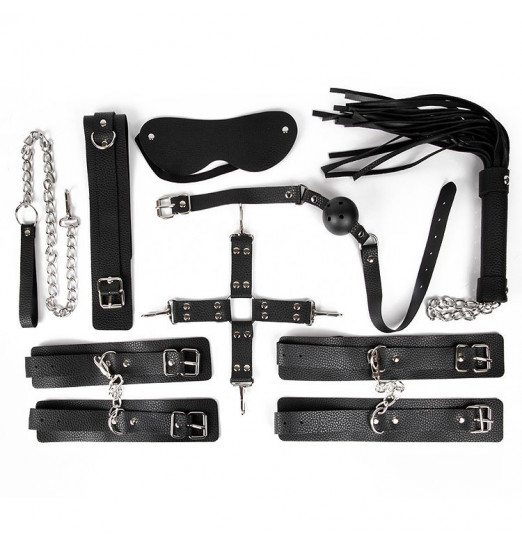 Большой черный набор БДСМ: наручники, оковы, ошейник с поводком, кляп, маска, плеть, фиксатор