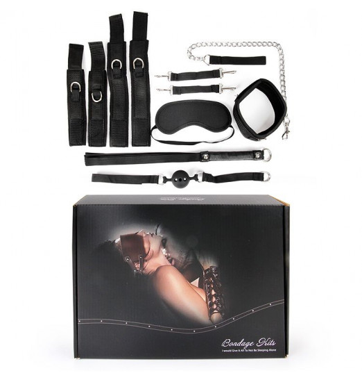 Черный текстильный набор БДСМ: наручники, оковы, ошейник с поводком, кляп, маска, плеть Черный текстильный набор БДСМ: наручники, оковы, ошейник с поводком, кляп, маска, плеть
