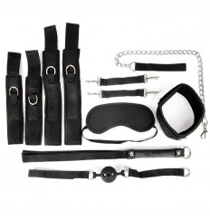 Черный текстильный набор БДСМ: наручники, оковы, ошейник с поводком, кляп, маска, плеть