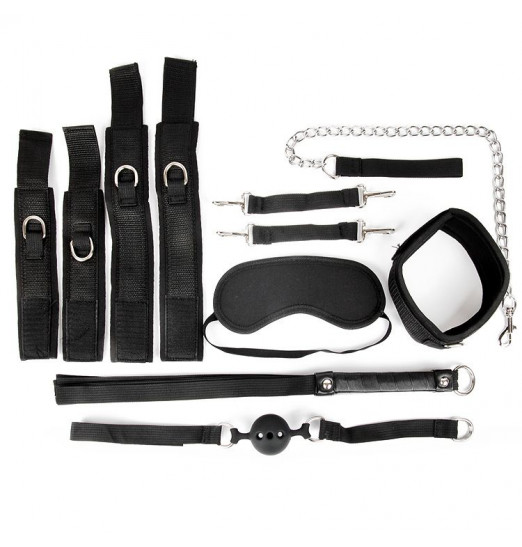 Черный текстильный набор БДСМ: наручники, оковы, ошейник с поводком, кляп, маска, плеть Черный текстильный набор БДСМ: наручники, оковы, ошейник с поводком, кляп, маска, плеть