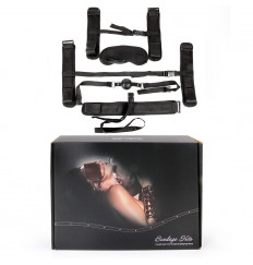 Пикантный черный текстильный набор БДСМ: наручники, оковы, ошейник с поводком, кляп, маска