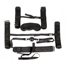 Пикантный черный текстильный набор БДСМ: наручники, оковы, ошейник с поводком, кляп, маска