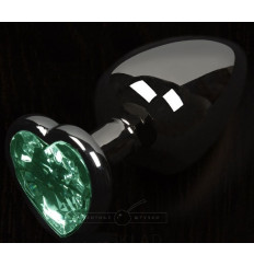 Графитовая анальная пробка с зеленым кристаллом в виде сердечка - 6 см.