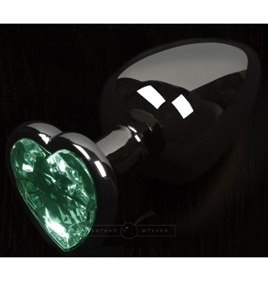 Графитовая анальная пробка с зеленым кристаллом в виде сердечка - 6 см.