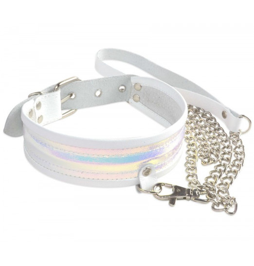 Белый ошейник с поводком и перламутровыми вставками