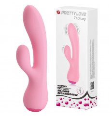 Нежно-розовый вибратор Zachary с клиторальным стимулятором - 17,8 см.