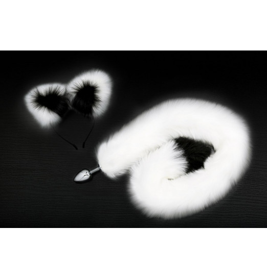 Серебристая анальная пробка с бело-черным хвостиком и ободком-ушками