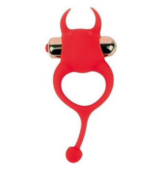 Красное эрекционное виброкольцо с рожками и хвостиком
