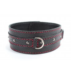 Черный ошейник из натуральной кожи с шипами и D-колечком