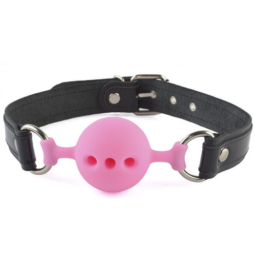 Розовый кляп-шар на черных кожаных ремешках Розовый кляп-шар на черных кожаных ремешках
