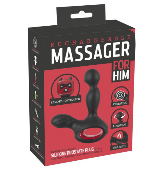 Черный вибромассажер простаты с нагревом и ротацией Prostate Plug - 14,5 см.