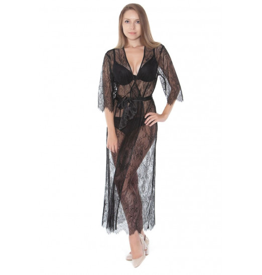 Длинный полупрозрачный кружевной халатик с пояском