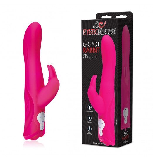 Розовый силиконовый вибромассажер с клиторальным отростком - 25 см.