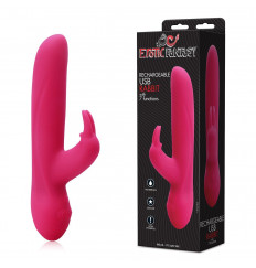 Розовый силиконовый вибратор с клиторальным отростком и 7 режимами вибрации - 21 см.