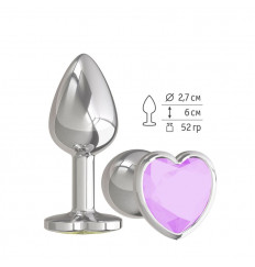Серебристая анальная втулка с сиреневым кристаллом-сердцем - 7 см.