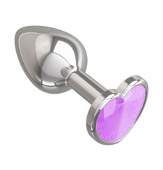 Серебристая анальная втулка с сиреневым кристаллом-сердцем - 7 см.