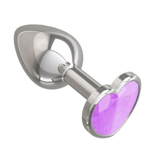 Серебристая анальная втулка с сиреневым кристаллом-сердцем - 7 см.