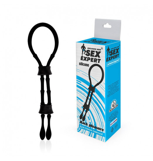 Черное силиконовое эрекционное кольцо-лассо с двумя утяжками