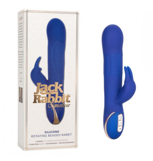 Синий вибратор Signature Silicone Rotating Beaded Rabbit с клиторальным отростком - 22,75 см.