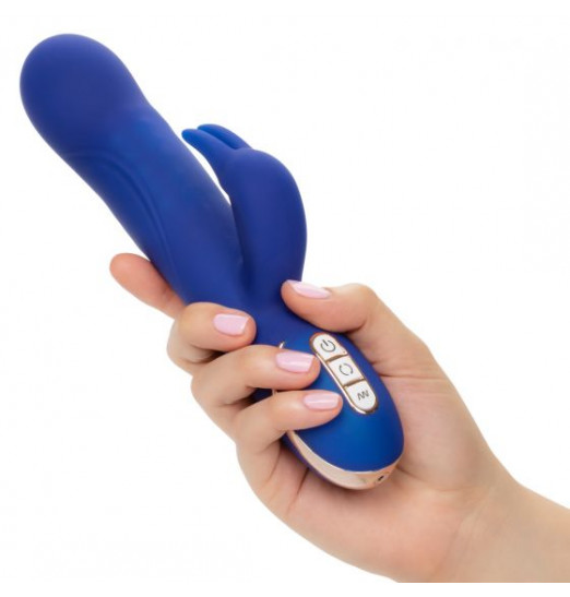 Синий вибратор Signature Silicone Rotating Beaded Rabbit с клиторальным отростком - 22,75 см.