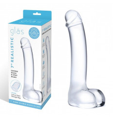 Прозрачный стеклянный фаллос с мошонкой Curved G-Spot - 18 см.