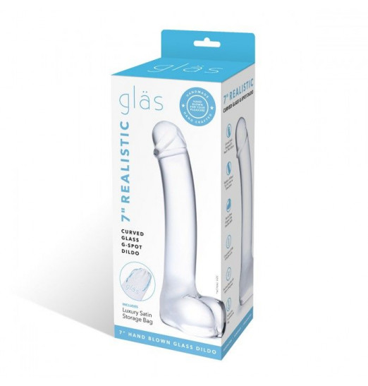 Прозрачный стеклянный фаллос с мошонкой Curved G-Spot - 18 см.