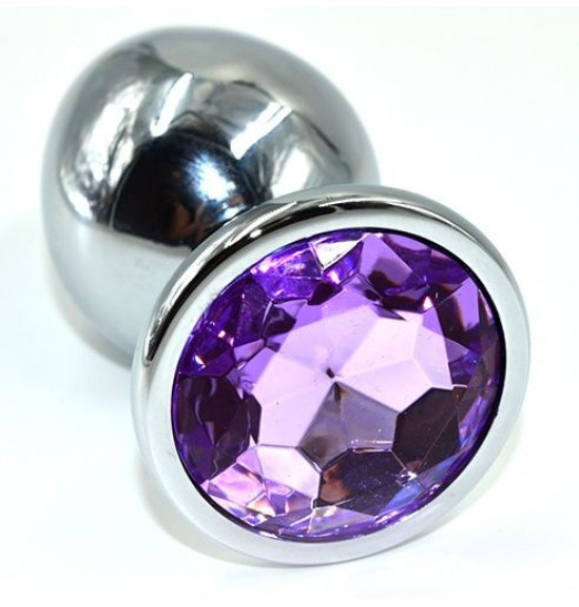 Серебристая анальная пробка из нержавеющей стали с фиолетовым кристаллом - 10 см.