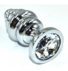 Серебристая анальная пробка из нержавеющей стали с прозрачным кристаллом - 8,8 см.
