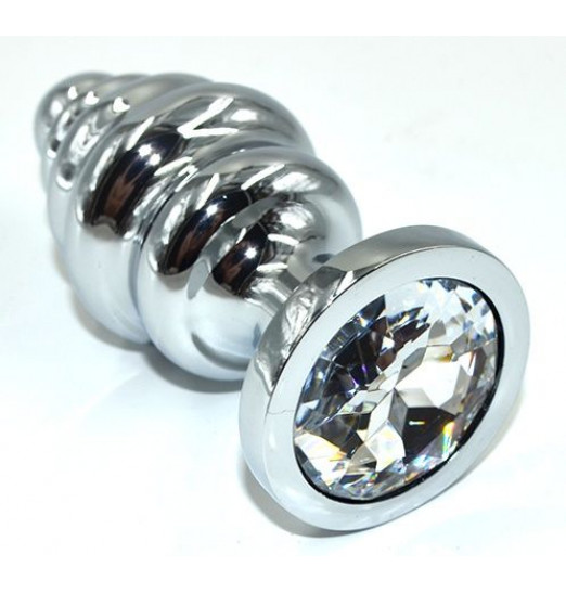 Серебристая анальная пробка из нержавеющей стали с прозрачным кристаллом - 8,8 см.