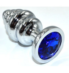 Серебристая анальная пробка из нержавеющей стали с синим кристаллом - 8,8 см.