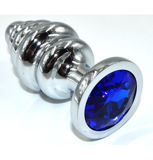 Серебристая анальная пробка из нержавеющей стали с синим кристаллом - 8,8 см.