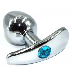 Серебристая анальная пробка для ношения из нержавеющей стали с голубым кристаллом - 8 см.