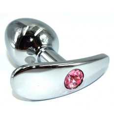 Серебристая анальная пробка для ношения из нержавеющей стали с розовым кристаллом - 8 см.