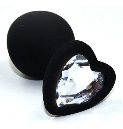 Черная анальная силиконовая пробка с прозрачным кристаллом в форме сердца - 8,8 см.
