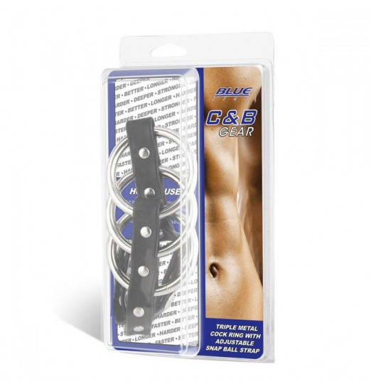 Тройное металлическое кольцо на пенис с регулируемым ремешком